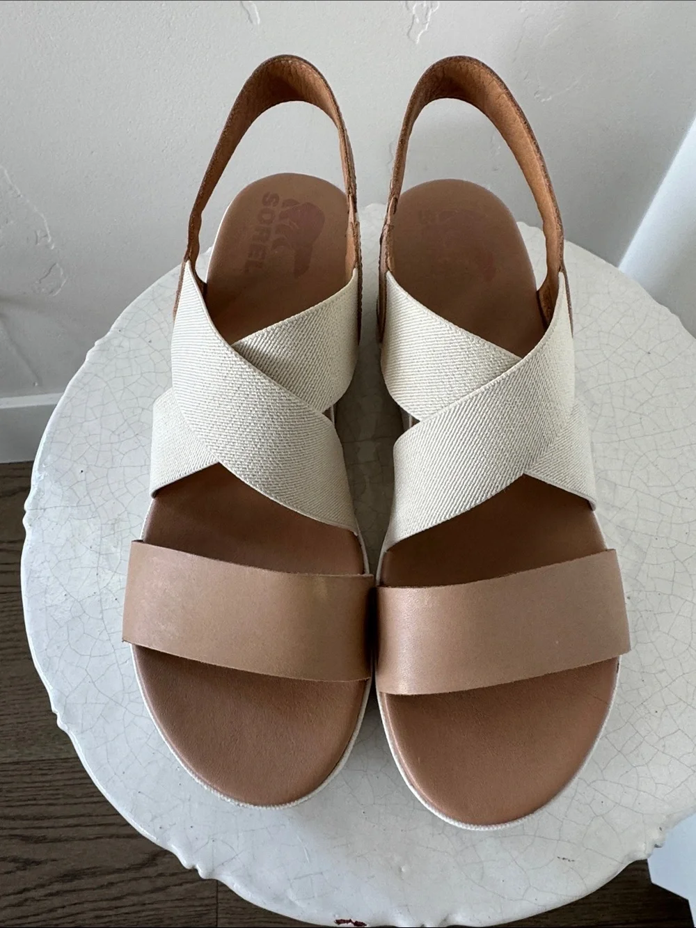 Sorel CAMERON Platform Slingback Honest Beige/Chalk Color Leather Textile Size 9
